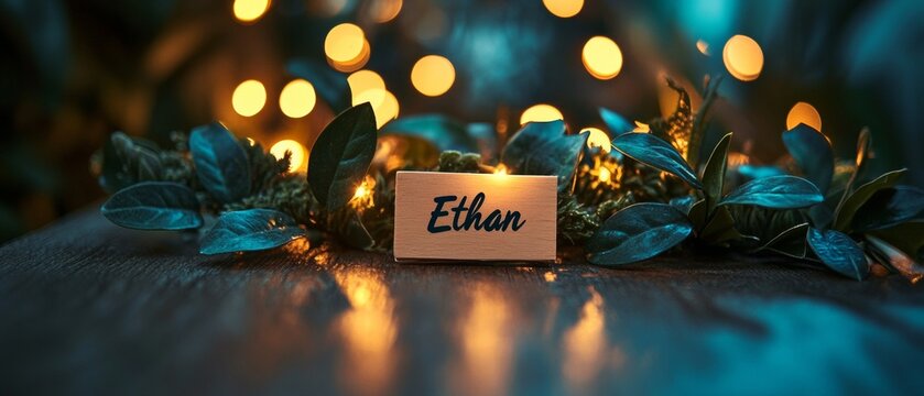 Handwritten Name Ethan on Wooden Surface with Warm Lighting and Greenery