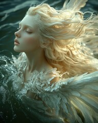 Fototapeta premium Serene angel with flowing blonde hair emerging from water.
