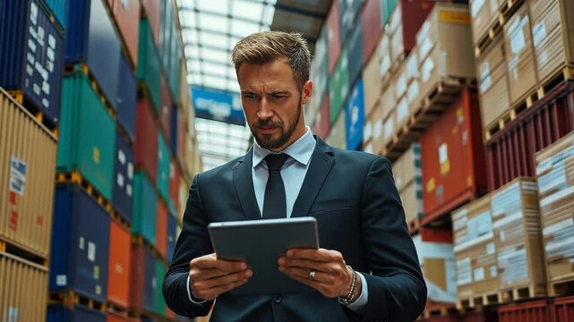 notion of procurement supply delivery. A businessman in a suit examines logistics information on a tablet.