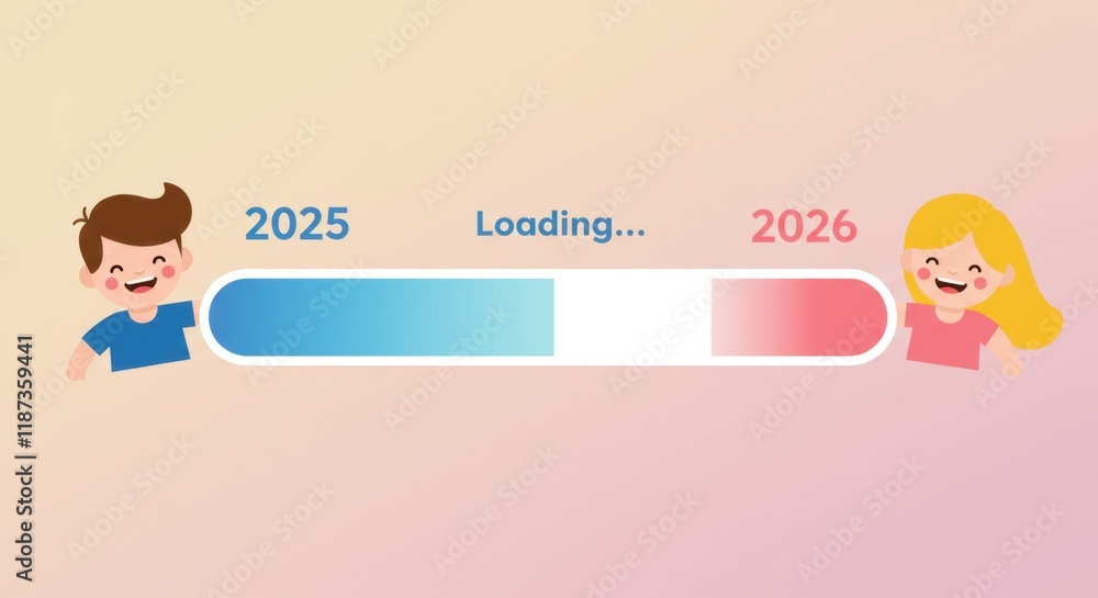 Poster 2025 to 2026 progress bar with happy characters and gradient background