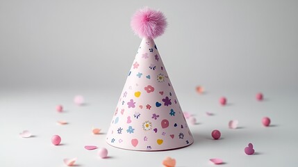 Pink party hat, floral design, confetti.