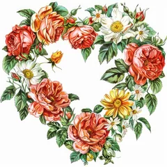 Gardinen Heart-shaped floral arrangement with roses, daisies, and greenery. © BerkahStock