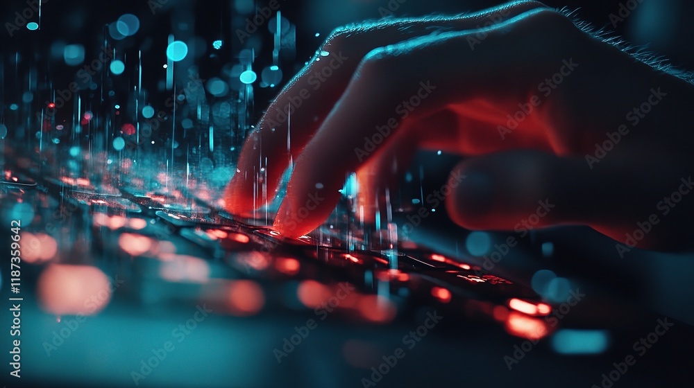Aufkleber close-up of fingers typing on a computer keyboard with light effects