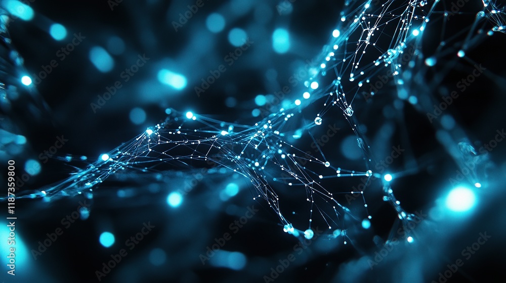 Poster abstract polygonal mesh with glowing particles and led lines