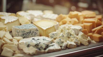 Variety of cheeses are displayed on a table, including blue cheese, white cheese, and yellow cheese