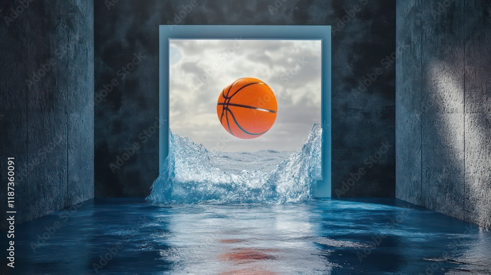 Poster surreal 3d render of a basketball floating above water, viewed through a doorway in a concrete room.