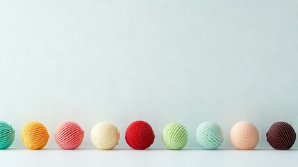 Obraz premium Row of colorful balls of yarn stacked on a white surface