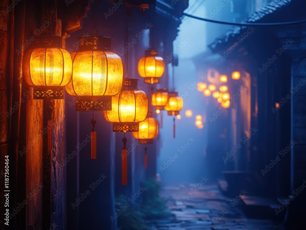 Poster row of lanterns hanging from the ceiling in a dimly lit alleyway. the lanterns are lit up, creating 
