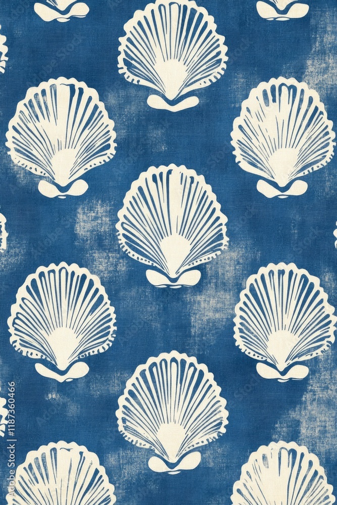 Poster blue and white patterned cloth with shells on it. the blue and white colors give a sense of calmness
