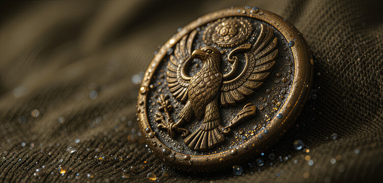 A vintage emblem with an eagle motif rests on textured fabric, surrounded by droplets of water, capturing a moment of timeless craftsmanship and attention to detail