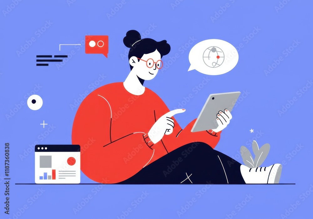 Poster woman analyzing data on a tablet with modern design elements and graphics
