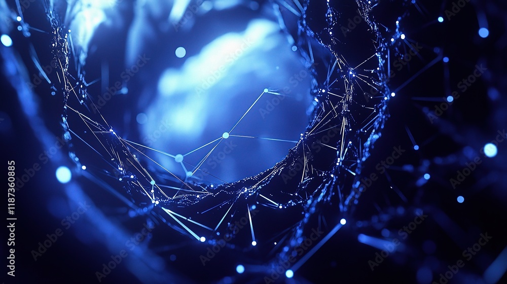 Poster abstract polygonal mesh with glowing led particles and lines