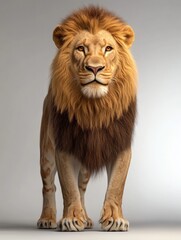 Lion with a long mane stands in front of a white background. The lion's eyes are open and focused, giving the impression of a strong and confident animal. Concept of power and majesty