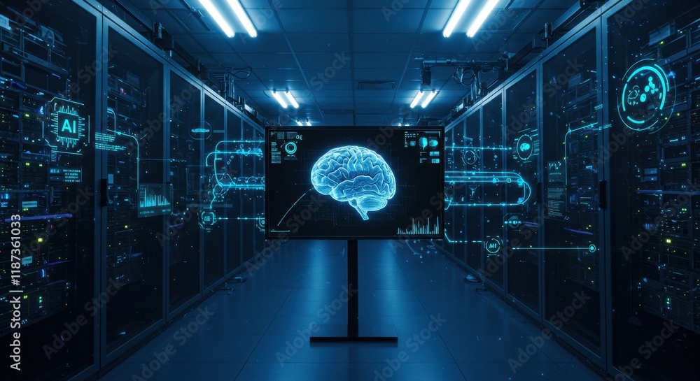 Poster futuristic ai data center with digital brain interface in server room