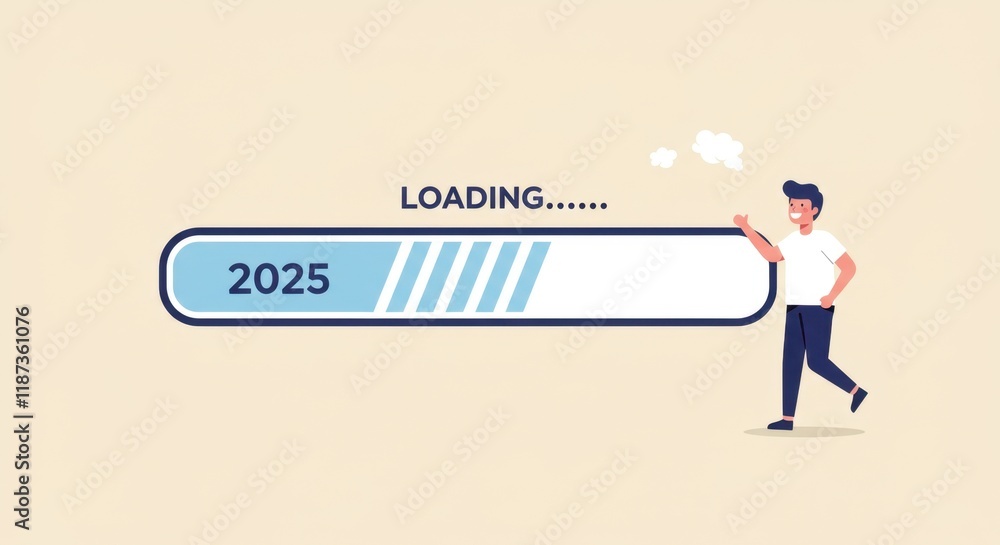 Poster loading 2025 progress bar with cartoon character for future concepts and anticipation