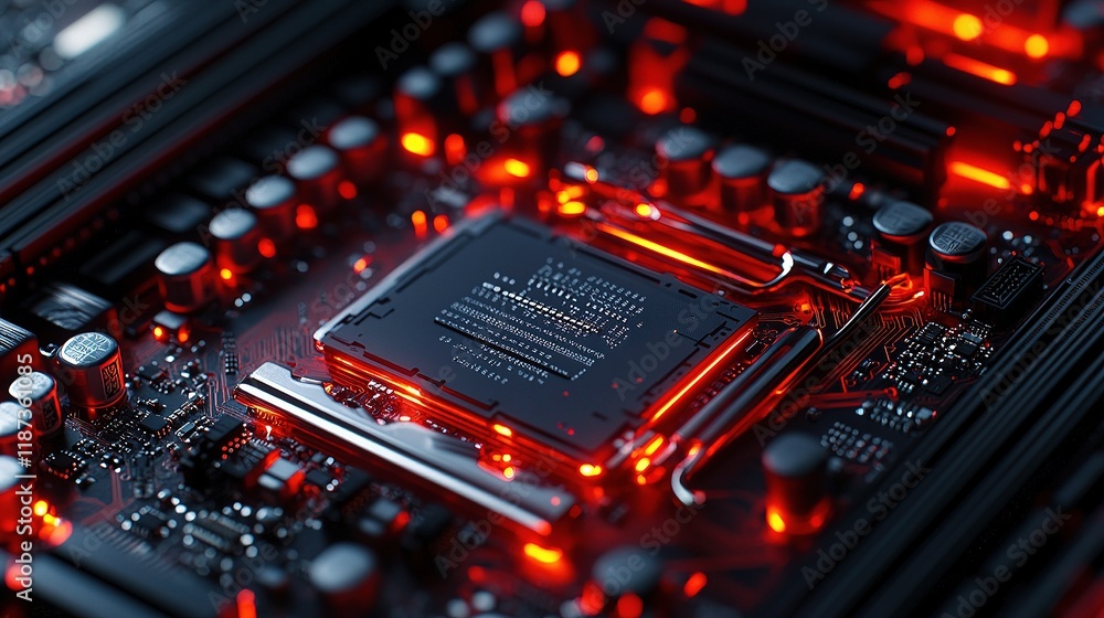 Poster close-up of a cpu chip with intricate circuitry and red lines