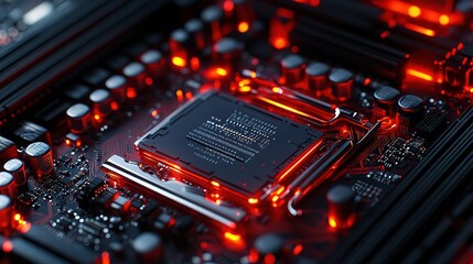 Obraz premium Close-up of a CPU Chip with Intricate Circuitry and Red Lines