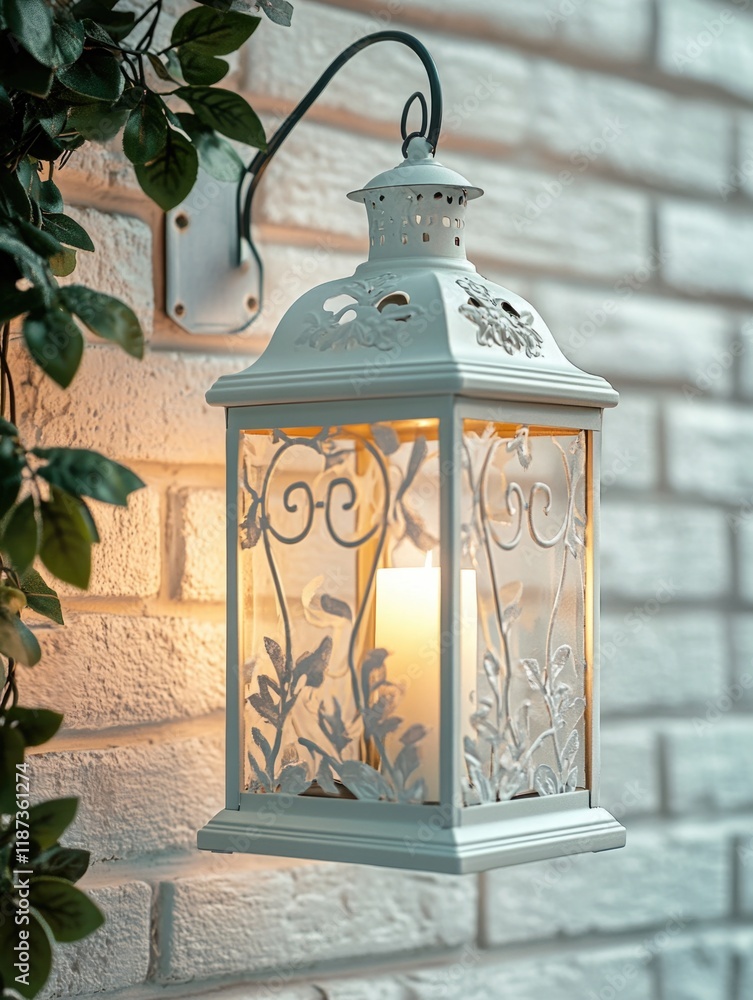Poster white lantern with a candle inside is hanging from a wall. the lantern is illuminated, casting a war