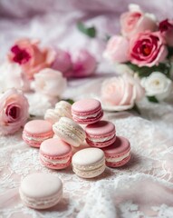 Elegant Macarons with Lace and Roses &ndash; Romantic Pink and White Dessert Scene