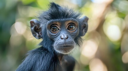 Fototapeta premium Baby monkey with a black face and black hair. The baby monkey is looking at the camera