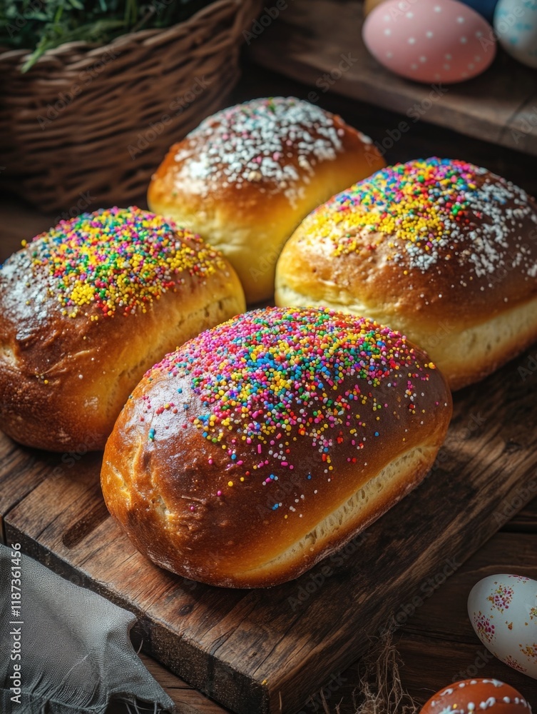 Poster table with four donuts with sprinkles on top. the donuts are arranged in a row and are placed on a w