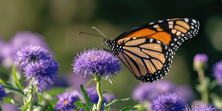 Butterfly is resting on a purple flower. The butterfly is orange and black. The flower is purple and has a lot of petals - Powered by Adobe