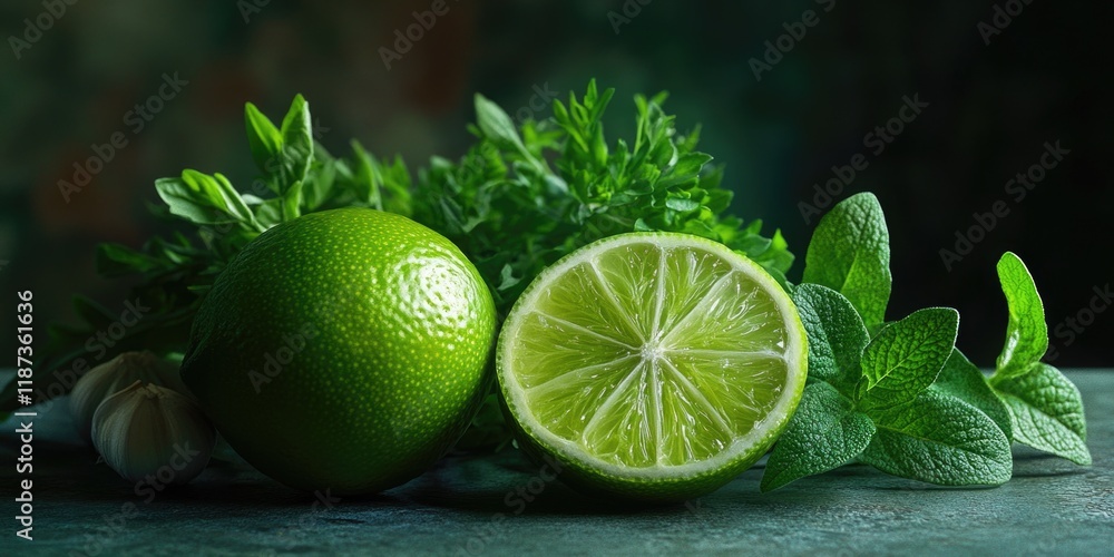 Poster lime is cut in half and placed on a table with other herbs. the lime is surrounded by parsley and mi