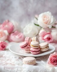 Pink and White Macarons on Delicate Lace Tablecloth with Roses in the Background