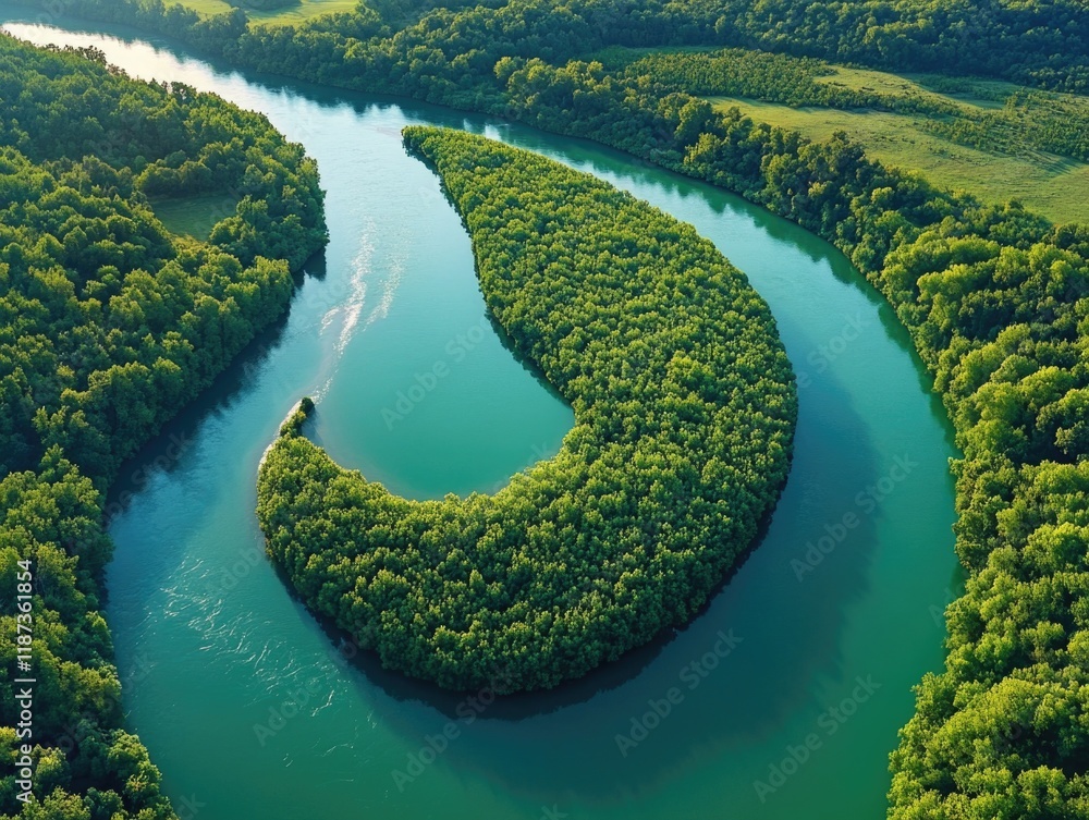 Aufkleber river with a curve in it and trees on both sides. the water is green and the trees are lush