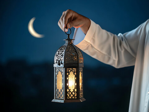 Close up of Muslim man hand holding arabic lantern on the dark blue background with crescent moon