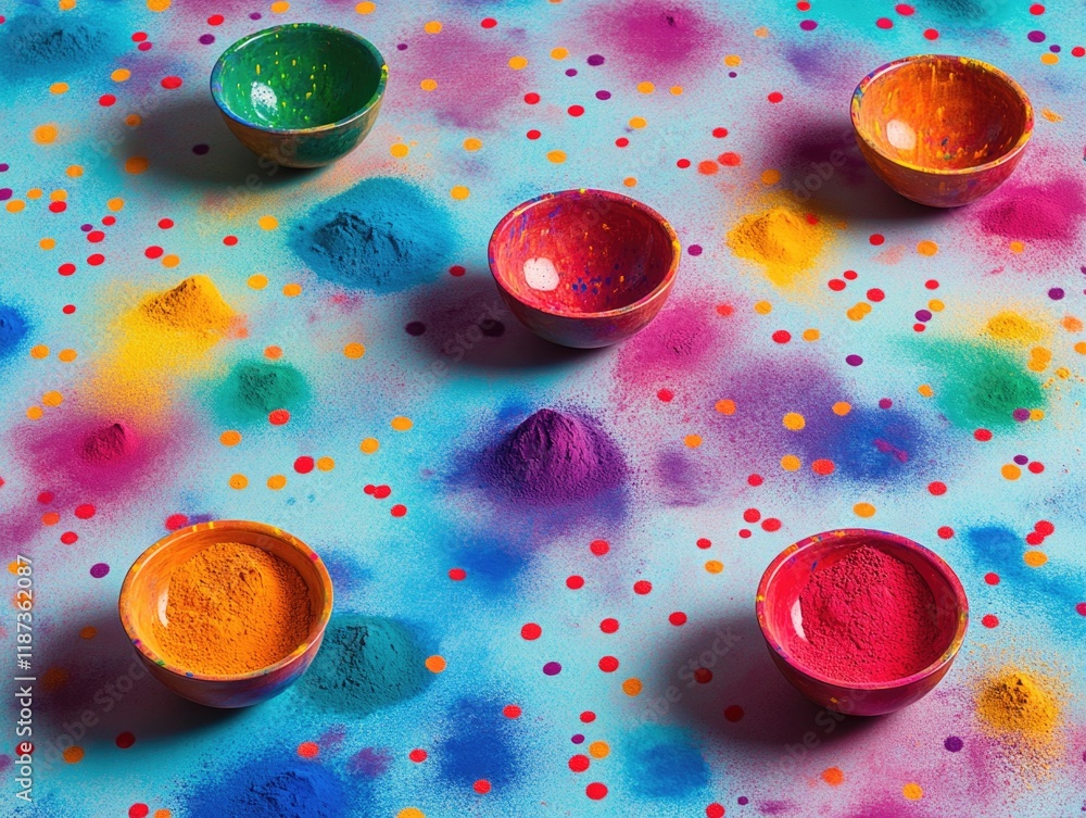 Poster colorful array of bowls with different colored powders in them. the bowls are arranged in a pattern 