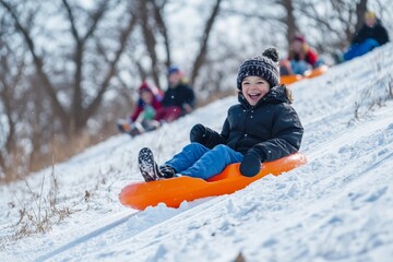 Children and families celebrate winter by sledding down snowy hills. Laughter and excitement fill the air as they glide down, capturing the joy of the season