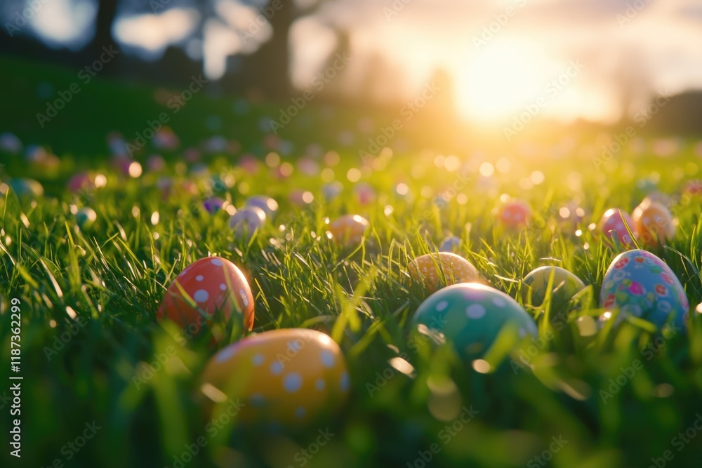 Poster field of easter eggs is scattered across the grass. the eggs are of various colors and sizes, and th