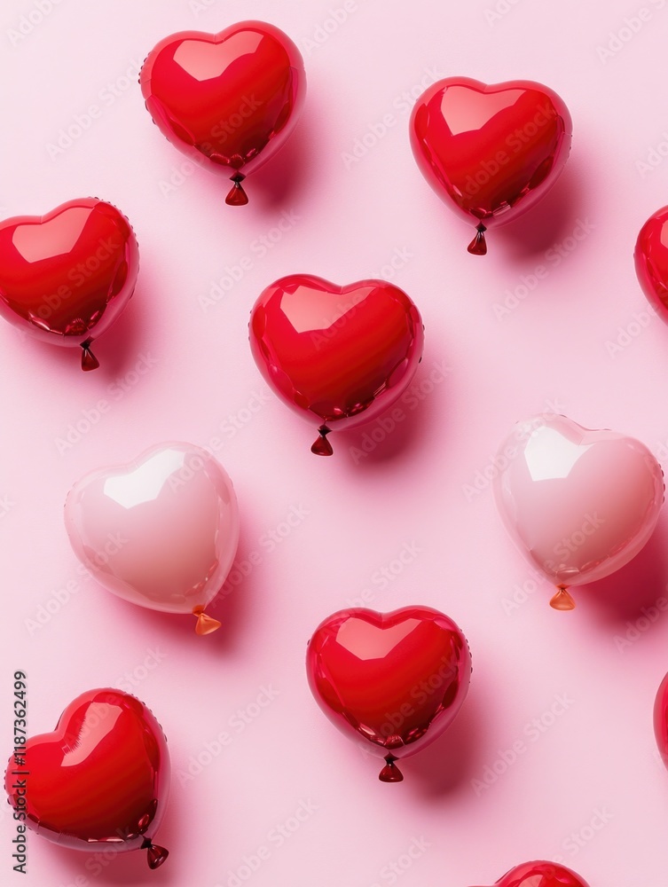 Poster bunch of red and pink balloons with hearts on them. the balloons are arranged in a pattern, with som
