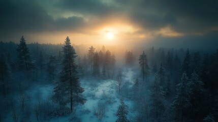 Naklejka premium Misty winter sunrise over snowy forest.