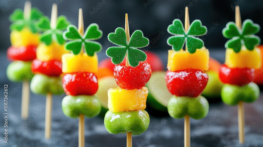 Aufkleber bunch of skewers with fruit on them and a green shamrock on top. the skewers are arranged in a row a