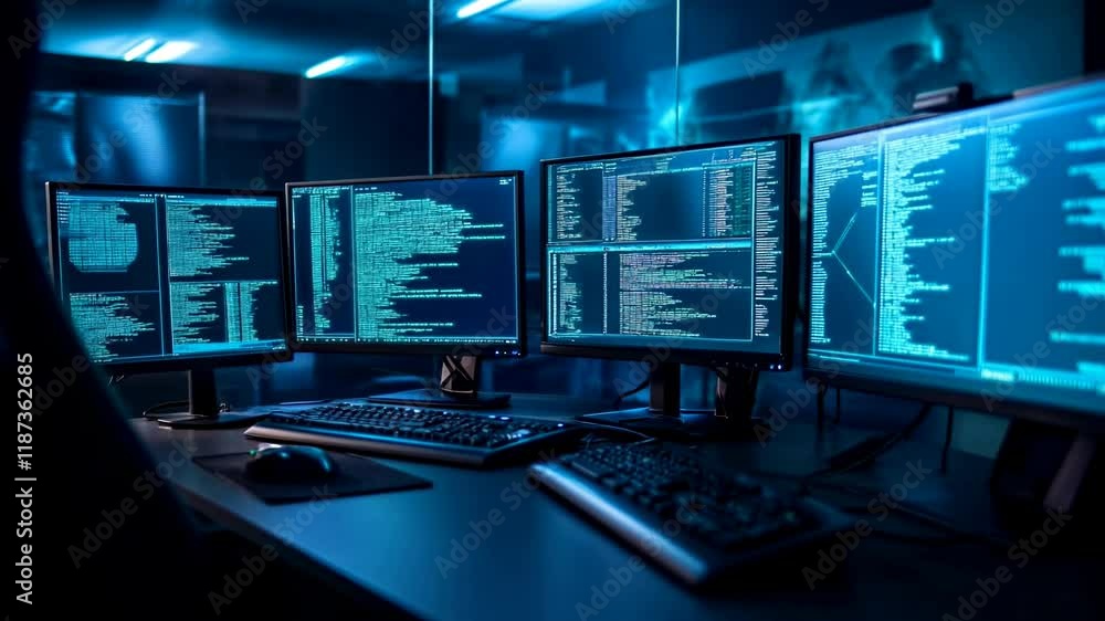 Poster Dark computer room with multiple monitors. Cybersecurity operation center. Software development workspace. IT and Tech industry concept