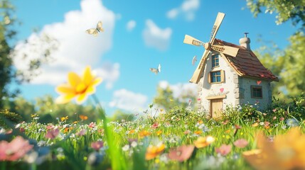   A house surrounded by a field of flowers, with a windmill in the foreground and a butterfly in the background
