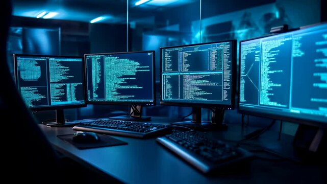 Dark computer room with multiple monitors. Cybersecurity operation center. Software development workspace. IT and Tech industry concept