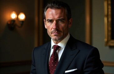 distinguished man in dark suit with red tie stands in elegant room with warm lighting. professional look suitable for corporate themes. business, leadership concept. professionalism, brutal mafia boss
