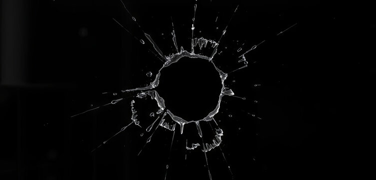 A dark background highlights the detailed splinter pattern of glass shattered by a strong impact. The unique formation radiates outward in sharp lines, showcasing energy and force