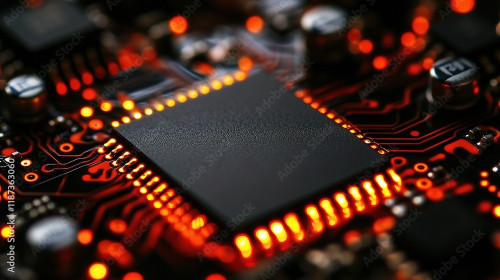 Poster close-up of cpu chip with intricate circuitry and vibrant details