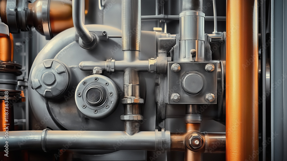 Poster a close up of a piece of machinery with many pipes and valves. concept of complexity and intricacy, 