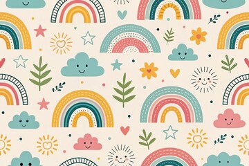 Fototapeta premium Happy rainbows, clouds, sun pattern, textile design