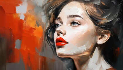 Timeless Classic RedLipped Girl Portrait with a Grey Backdrop in an Elegant Manner, Emphasizing Bold Colors and Dramatic Lighting.