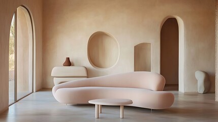 Modern sofa in soft pastel pink with a smooth, clean finish and slim legs 