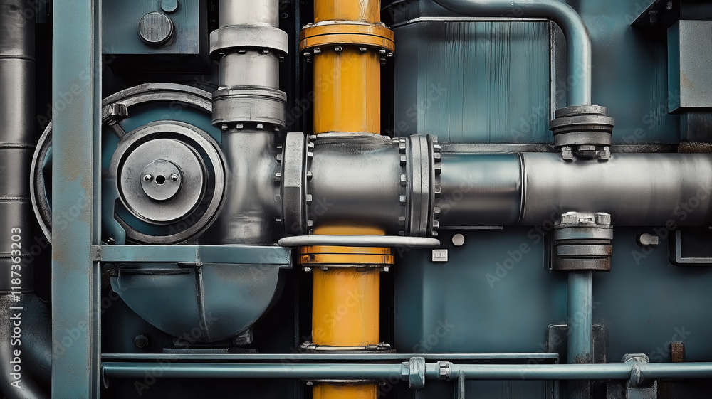 Poster a close up of a piece of machinery with many pipes and valves. concept of complexity and intricacy, 