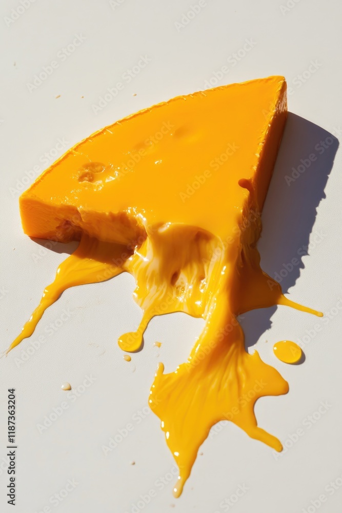 Poster slice of yellow cheese with a yellow liquid dripping from it. the cheese is cut in half and has a ho