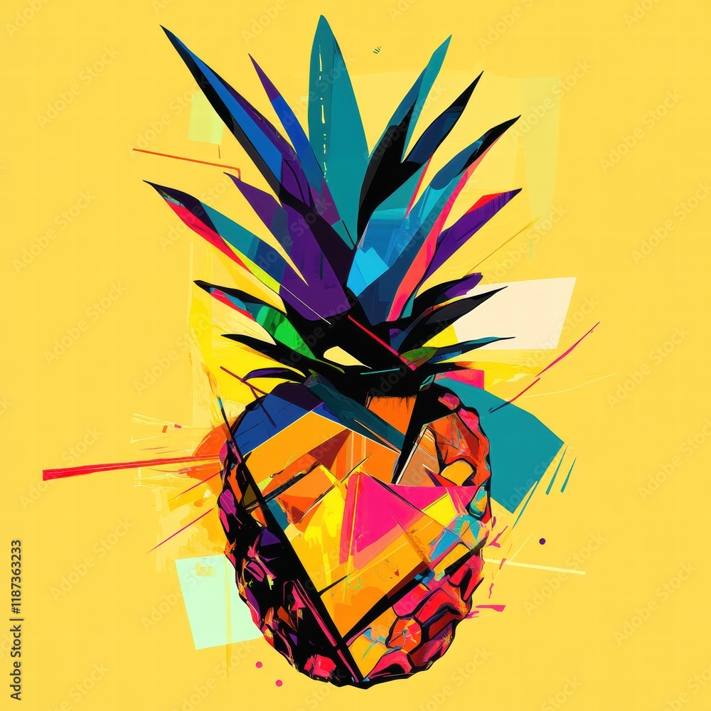 Poster colorful abstract geometric pineapple design featuring vibrant hues and dynamic shapes on a bright y