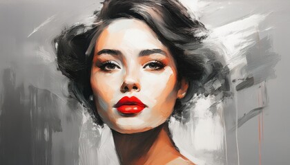 Elegant Classic Portrait of a Girl with Vivid Red Lips Against a Grey Backdrop, Evoking Timeless Beauty and Sophistication